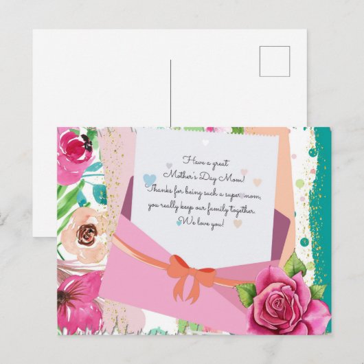 Red Roses Floral Letter Envelope Moederdag Briefkaart (Voorkant / Achterkant)