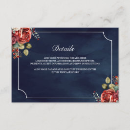 Red Roses Floral Navy Blue Wedding Details Informatiekaartje