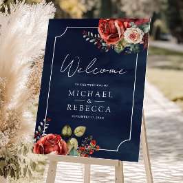 Red Roses Floral Navy Blue Wedding Welcome Sign