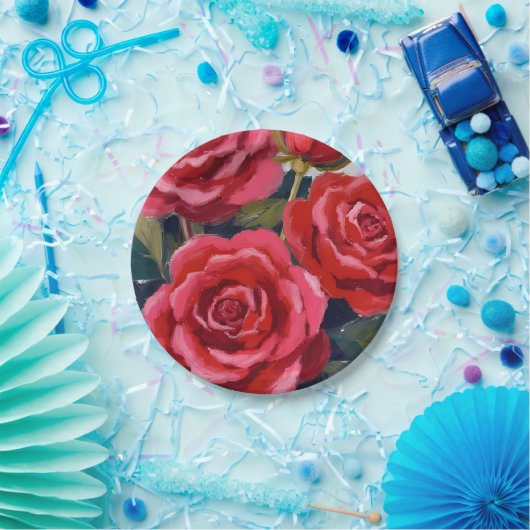 Red Roses Floral Painting Papieren Bordje (Feest)