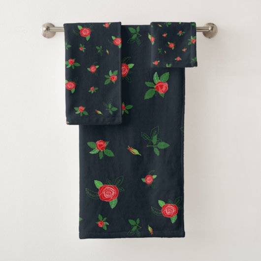 Red Roses Floral Pattern Black Elegant Bath Towel Bad Handdoek (Insitu)