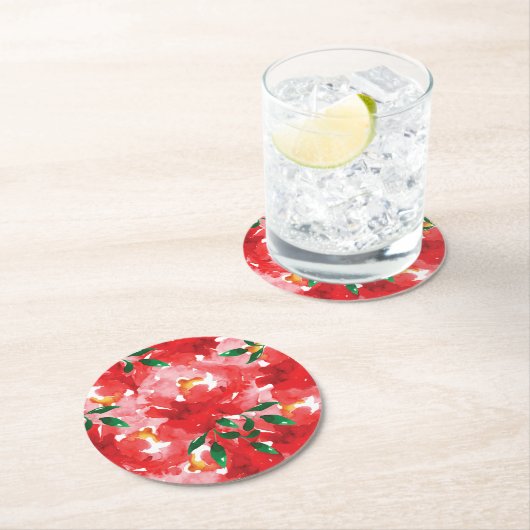 Red Roses Floral Pattern Ronde Kartonnen Onderzetter (Insitu)