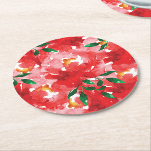 Red Roses Floral Pattern Ronde Kartonnen Onderzetter