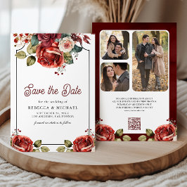 Red Roses Floral Photo QR Code Wedding Save The Date