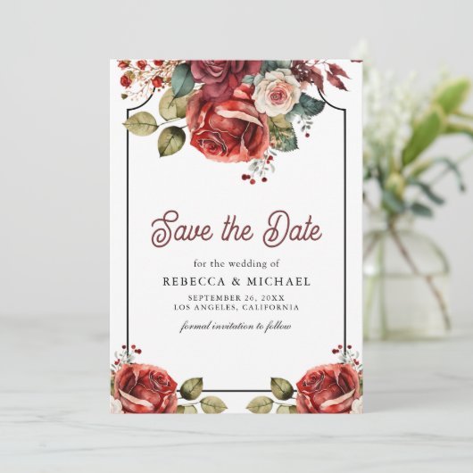 Red Roses Floral Photo QR Code Wedding Save The Date (Staand voorkant)