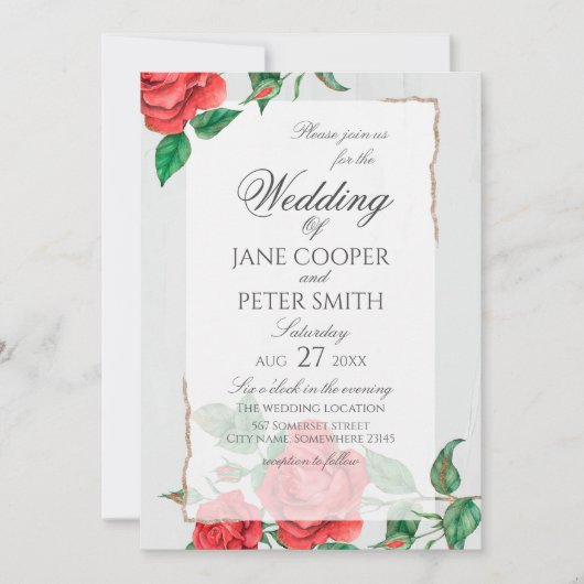 Red roses floral Wedding Invitation Kaart (Voorkant)