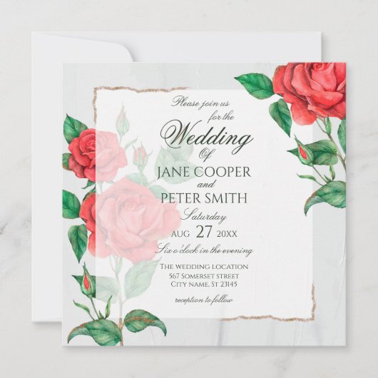 Red Roses floral Wedding Invitation Kaart (Voorkant)