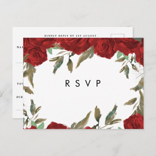 Red Roses Florals Boho Wedding RSVP briefkaart (Voorkant / Achterkant)