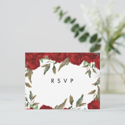 Red Roses Florals Boho Wedding RSVP briefkaart (Staand voorkant)