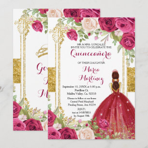 Red Roses Flowers Gold Quinceanera Kaart