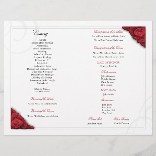 Red Roses Foldable Wedding Ceremony Program Flyer (Achterkant)