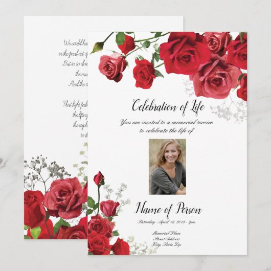 Red Roses Funeral Announcement Uitnodiging (Voorkant / Achterkant)