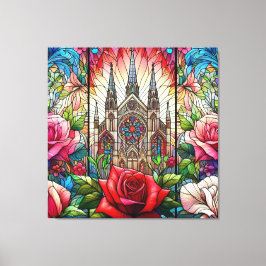 Red Roses Glas in lood ontwerp Canvas Afdruk