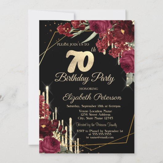 Red Roses Glitter Drips Black 70th Birthday Kaart (Voorkant)