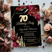 Red Roses Glitter Drips Black 70th Birthday Kaart