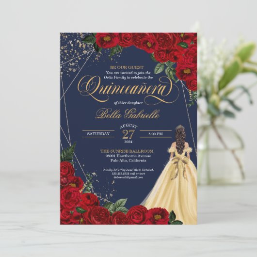 Red Roses Gold Beauty en Beast Quinceañera Kaart (Staand voorkant)