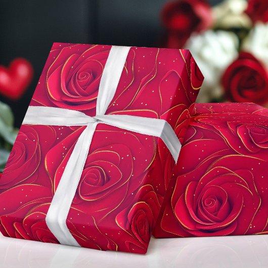 Red Roses Gold Border Romantische Valentijn Cadeaupapier