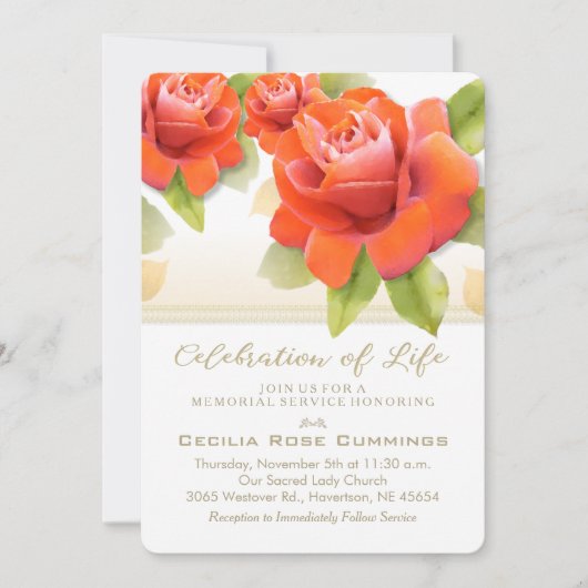 Red Roses Gold Celebration of Life Memorial Invite Kaart (Voorkant)