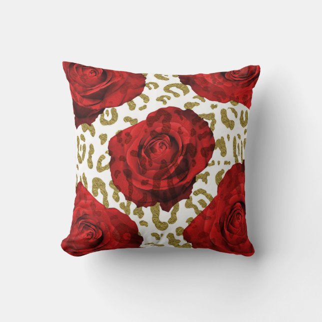 Red Roses Gold Cheetah Leopard Animal Print Kussen (Voorkant)