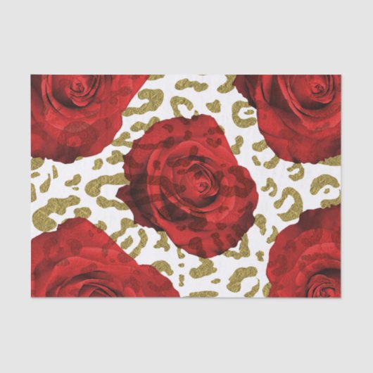 Red Roses Gold Cheetah Leopard Animal Print Party Tissuepapier (Voorkant)