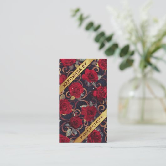 Red Roses Gold Damask QR-code die Display Kaart ve Visitekaartje (Staand voorkant)