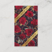 Red Roses Gold Damask QR-code die Display Kaart ve Visitekaartje (Voorkant)