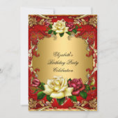 Red Roses Gold Elegant Birthday Party 3 Kaart (Voorkant)