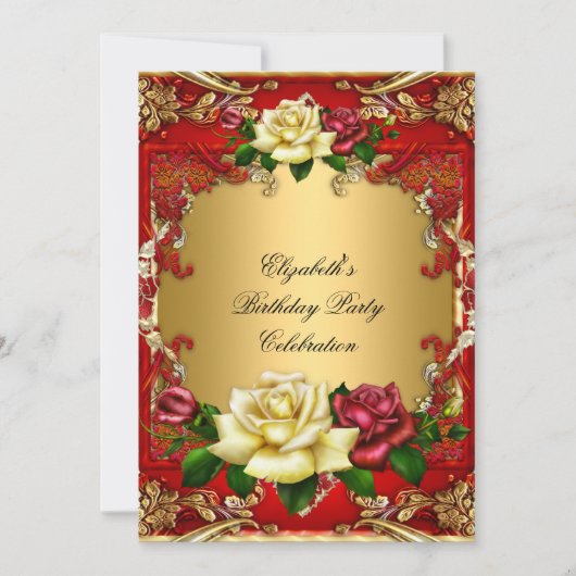 Red Roses Gold Elegant Birthday Party 3 Kaart (Voorkant)
