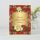 Red Roses Gold Elegant Birthday Party 3 Kaart (Staand voorkant)