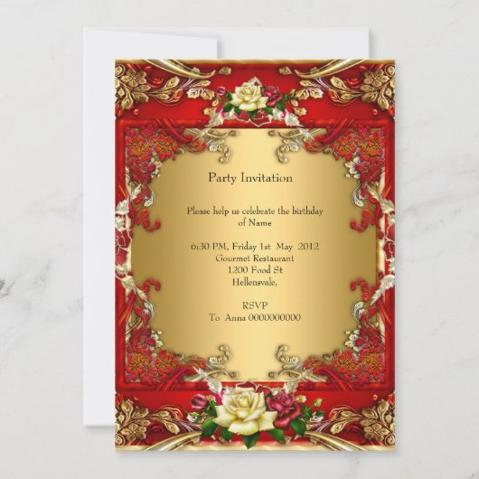 Red Roses Gold Elegant Birthday Party 3 Kaart (Achterkant)