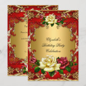 Red Roses Gold Elegant Birthday Party 3 Kaart (Voorkant / Achterkant)