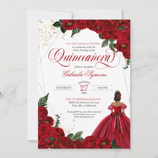 Red Roses & Gold Elegant Gown Quinceañera Kaart (Voorkant)