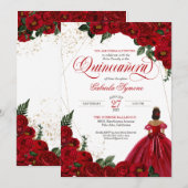 Red Roses & Gold Elegant Gown Quinceañera Kaart (Voorkant / Achterkant)