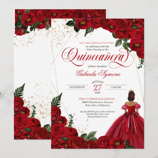 Red Roses & Gold Elegant Gown Quinceañera Kaart (Voorkant / Achterkant)