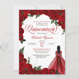 Red Roses & Gold Fancy Red Ball Gown Quinceañera I Kaart