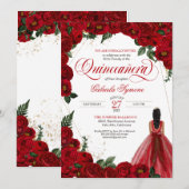 Red Roses & Gold Fancy Red Ball Gown Quinceañera Kaart (Voorkant / Achterkant)
