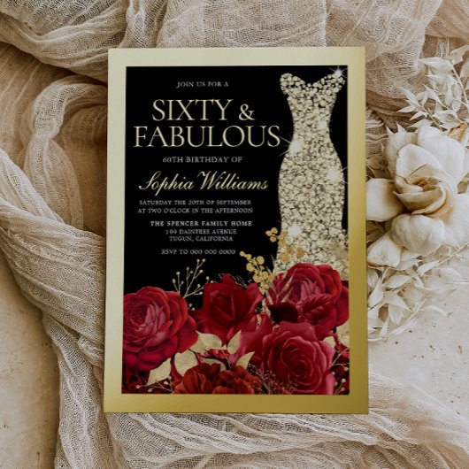 Red Roses & Gold Foil Black 60th Birthday Folie Uitnodiging