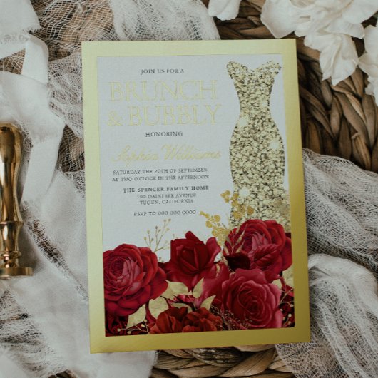Red Roses & Gold Foil Border Bridal Shower Folie Uitnodiging