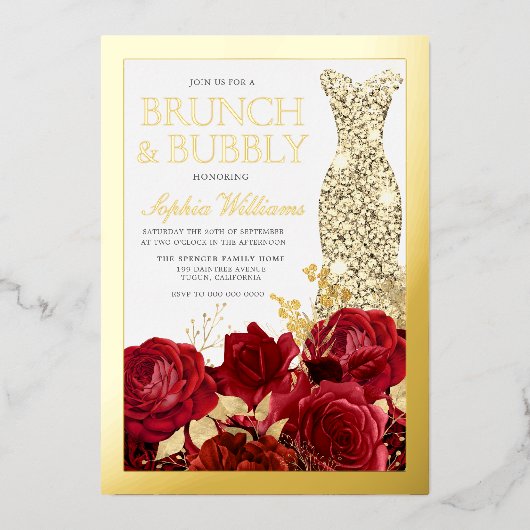Red Roses & Gold Foil Border Bridal Shower Folie Uitnodiging (Voorkant)
