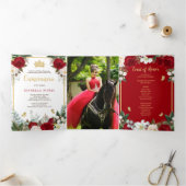 Red Roses Gold Foil Butterflies Quinceañera Drieluik Uitnodiging (Binnen)