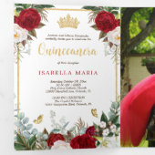 Red Roses Gold Foil Butterflies Quinceañera Drieluik Uitnodiging (Binnenzijde eerst)