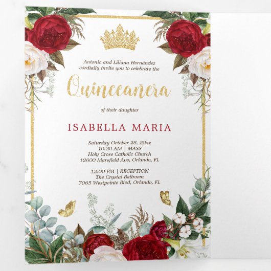 Red Roses Gold Foil Butterflies Quinceañera Drieluik Uitnodiging (Binnenzijde eerst)