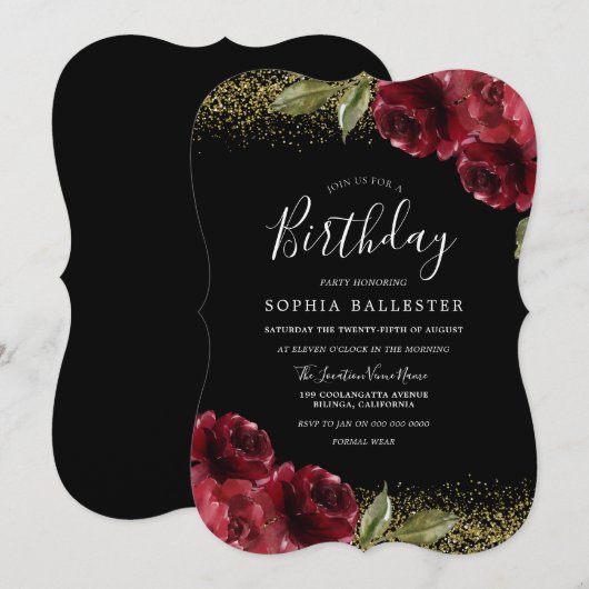 Red Roses Gold Glitter Alle jaren jarig feest Kaart (Voorkant / Achterkant)