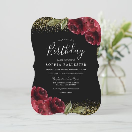 Red Roses Gold Glitter Alle jaren jarig feest Kaart (Staand voorkant)