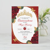 Red Roses Gold Glitter Butterfly Quinceañera Kaart (Staand voorkant)
