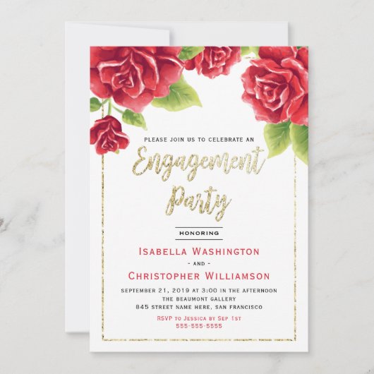 Red Roses & Gold Glitter Engagement Party Kaart (Voorkant)