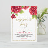 Red Roses & Gold Glitter Engagement Party Kaart (Staand voorkant)