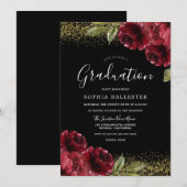 Red Roses Gold Glitter Graduparty Kaart (Voorkant / Achterkant)