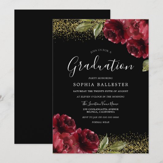 Red Roses Gold Glitter Graduparty Kaart (Voorkant / Achterkant)