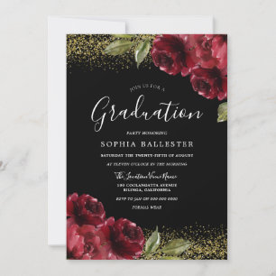 Red Roses Gold Glitter Graduparty Kaart